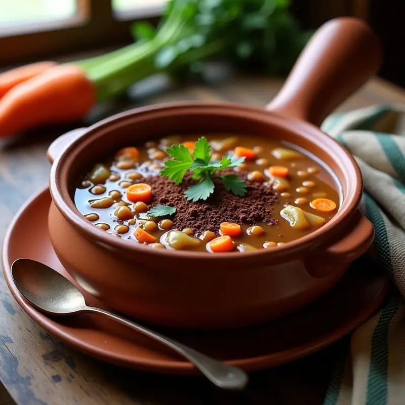 Olla de barro humeante con sopa espesa de lentejas rojas y cacao, decorada con perejil fresco y un toque de cacao en polvo espolvoreado. Plato tradicional peruano con fondo rústico de madera y telas andinas.