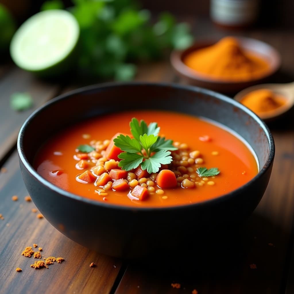 Sopa peruana de lentejas rojas y camu camu servida en un bol de cerámica negra, con un color rosáceo vibrante, decorada con cilantro fresco y un chorrito de aceite de sacha inchi. Al fondo, ingredientes como limón verde y pasta de camu camu.