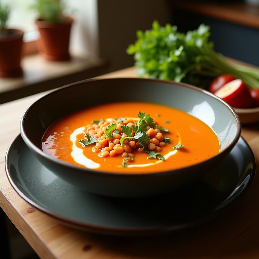 Sopa cremosa de lentejas rojas y coco con jengibre en un bol hondo de cerámica blanca, decorada con cilantro fresco y rodajas de limón. Plato humeante con fondo de cocina rústica y especias al lado.