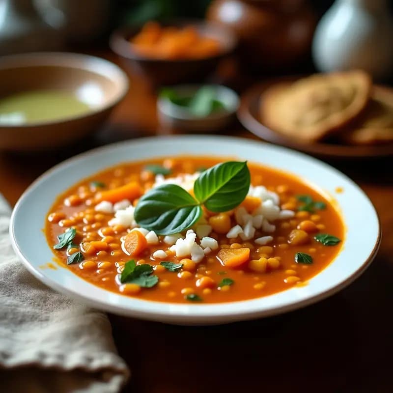 Cuenco de cerámica blanca con sopa de lentejas rojas al estilo Sri Lanka, cremosa y espesa, coronada con coco rallado fresco, espinacas verdes y hojas de cilantro. Fondó borroso de especias y limas cortadas.