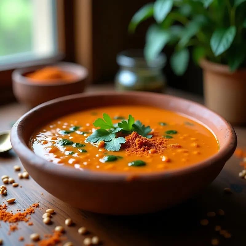 Plato hondo de barro con sopa de lentejas rojas y espinacas, espolvoreada con garam masala y cilantro fresco, receta punjabí reconfortante.