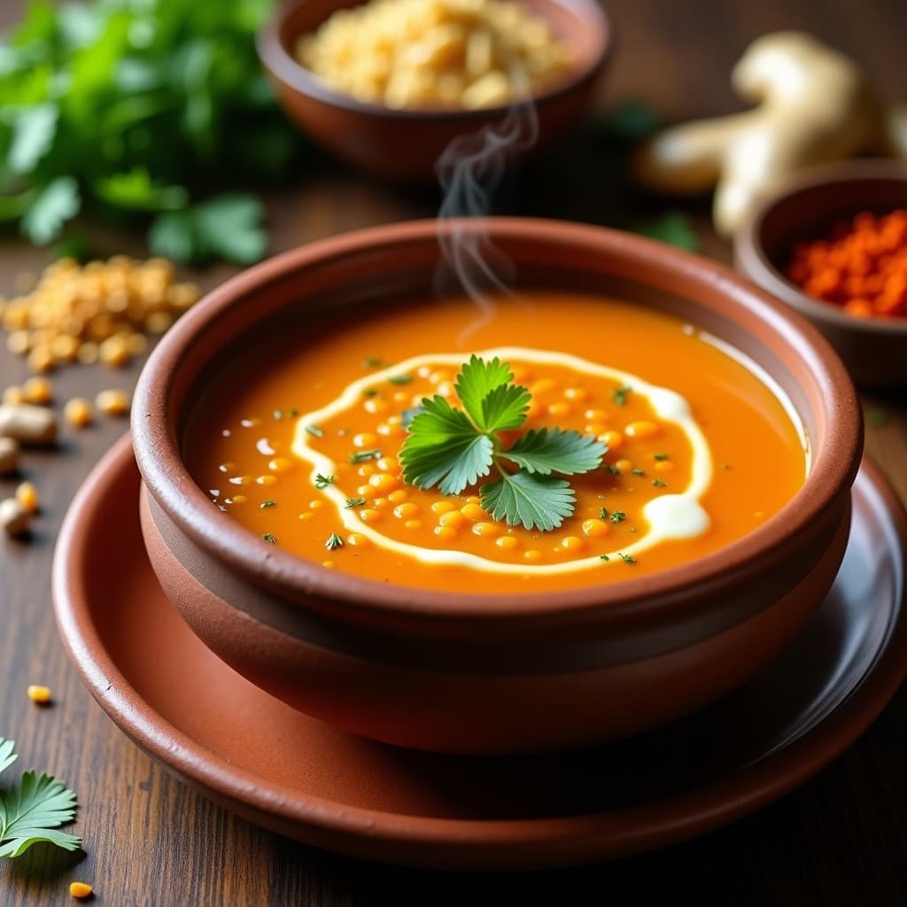 Cuenco hondo de cerámica blanca con sopa de lentejas rojas y jengibre, de color dorado cremoso, decorada con cilantro fresco y rodajas de limón, sobre fondo de madera rústica con especias indias al lado.