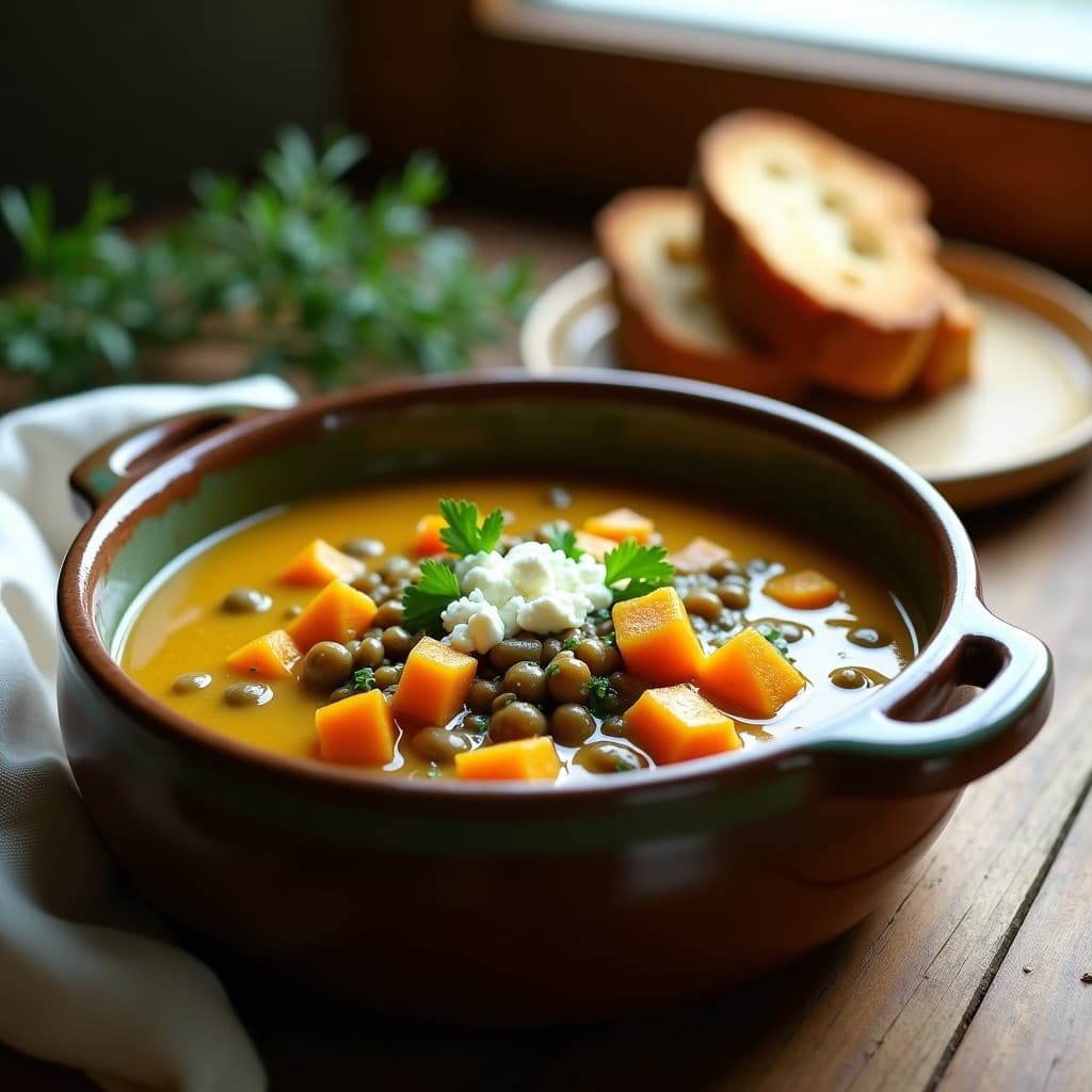 Sopa espesa de lentejas verdes y calabaza en cuenco de barro, decorada con perejil fresco y queso de cabra desmenuzado, con hierbas provenzales visibles y un fondo rústico.