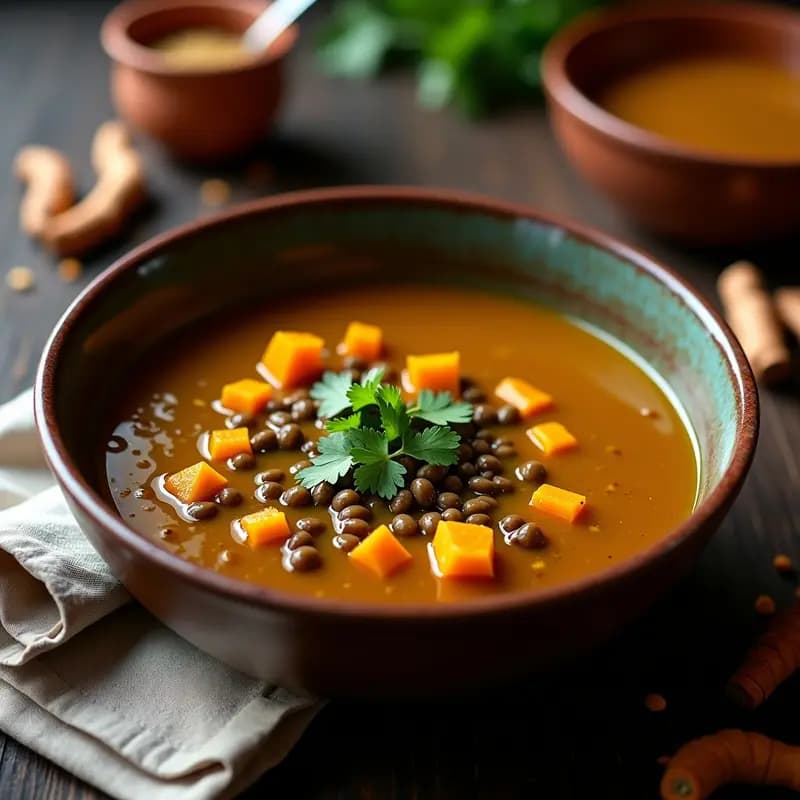 Sopa espesa de lentillas oscuras y calabaza en cuenco de barro, decorada con cilantro fresco y un hilo de aceite de oliva, sobre fondo rústico de madera con especias de cúrcuma al lado.
