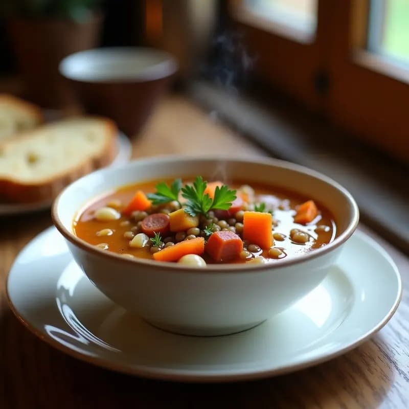 Plato hondo de cerámica blanca con sopa espesa de lentillas pardinas, rodajas de chorizo ibérico y trozos de puerro, decorada con perejil fresco. Receta tradicional española de invierno en Thermomix.