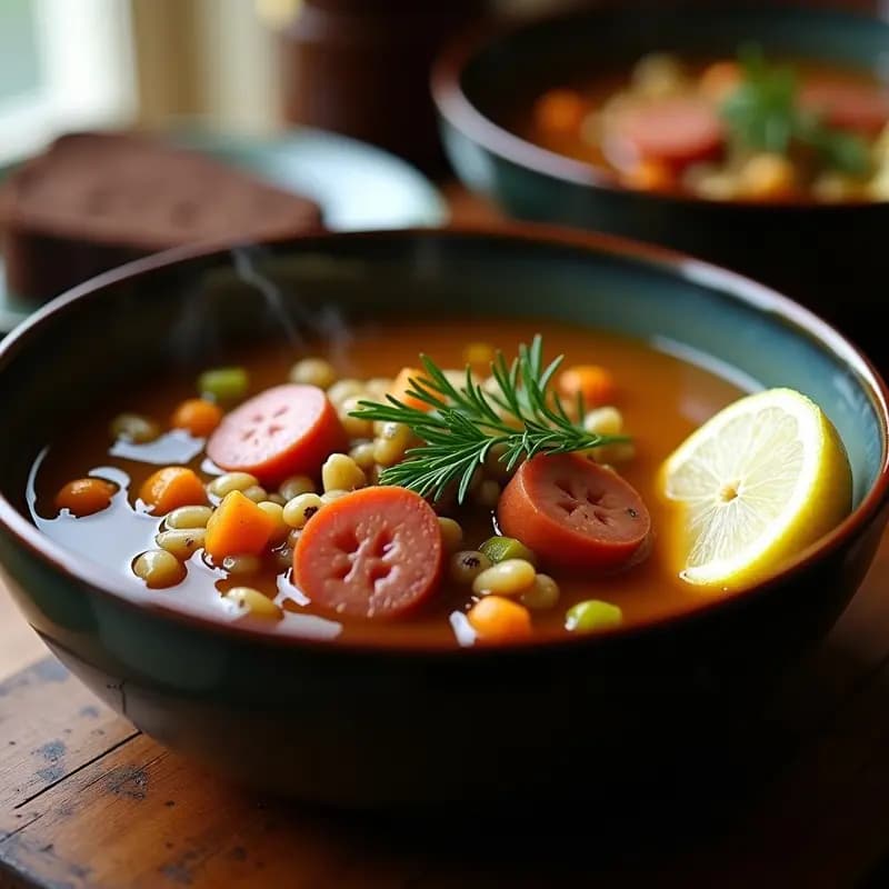 Plato hondo de cerámica oscura con sopa Lentschki ucraniana espesa, lentejas pardinas, rodajas de salchichas veganas de seitán y hierbas frescas. Toque de limón fresco y eneldo picado en la superficie. Fondo rústico con pan de centeno.