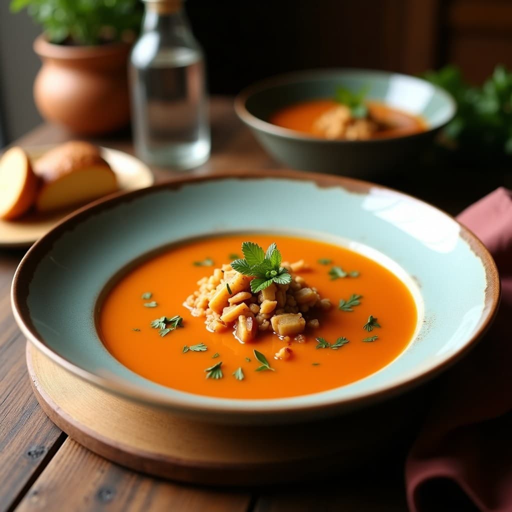 Cuenco de cerámica blanca con sopa de lichi y jengibre con tempeh, decorada con cilantro fresco y lichi entero. Caldo dorado y espeso con trozos de tempeh marron claro y lichi traslúcido. Fondo de mesa de madera oscura con mantel individual negro.