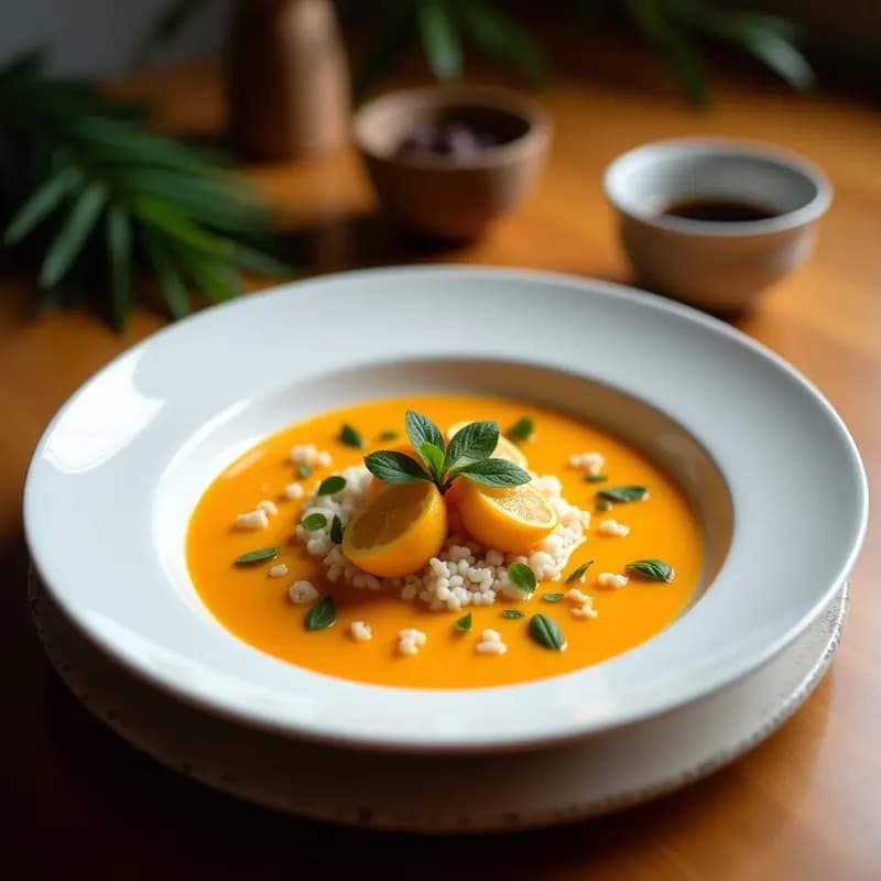 Cuenco blanco con sopa de litchi y jengibre con brotes de bambú, decorada con cebollino fresco, receta china refrescante y digestiva.