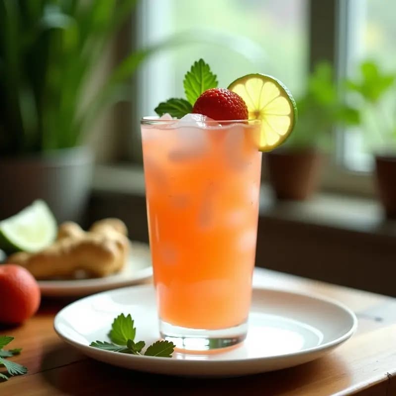 Copa de cristal alto con sopa fría de litchi y jengibre, decorada con hojas de cilantro fresco, rodajas de lima y un litchi entero. Fondo borroso con elementos tailandeses como hierbas y especias.