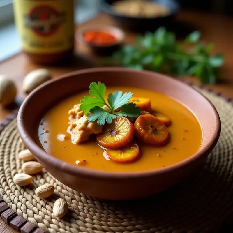 Sopa ecuatoriana de maní cremosa con trozos de pollo, rodajas de plátano maduro y cilantro fresco, servida en un plato hondo de barro con fondo de madera rústica.