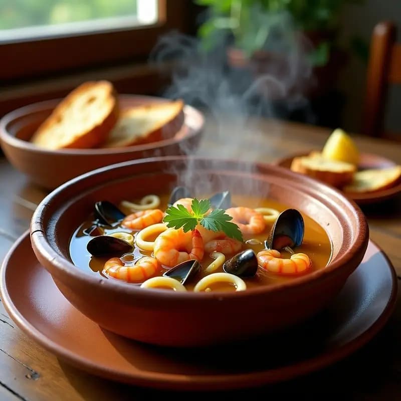 Olla de barro humeante con sopa de marisco y ñoras, gambas, mejillones y calamares flotando en un caldo dorado y aromático, servida en un plato hondo rústico con pan tostado y perejil fresco.