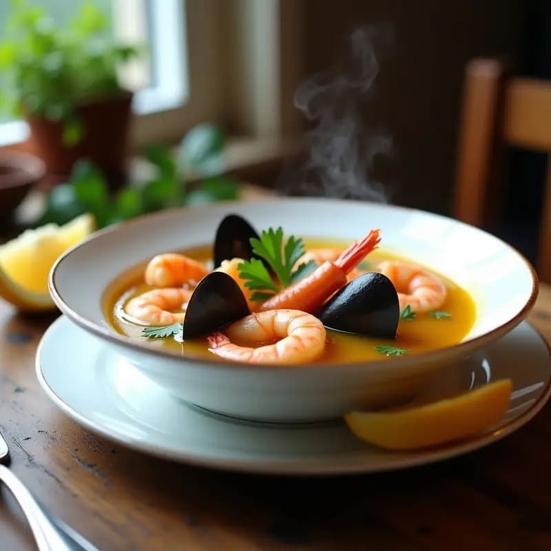 Cuenco hondo de cerámica blanca con sopa de mariscos gallega humeante, caldo dorado con trozos de calamares, mejillones abiertos y gambas rosadas, decorado con perejil fresco y rodajas de limón al lado, sobre fondo rústico de madera.