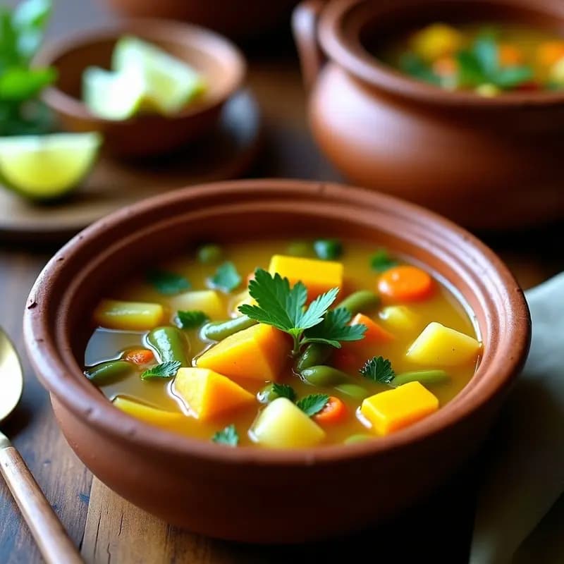 Olla de barro humeante con sopa menestra peruana de habas y zapallo, de color amarillo dorado con toques verdes de espinacas y huacatay, servida en un bowl de cerámica rústica sobre una mesa de madera con limón y hojas frescas de huacatay como decoración.