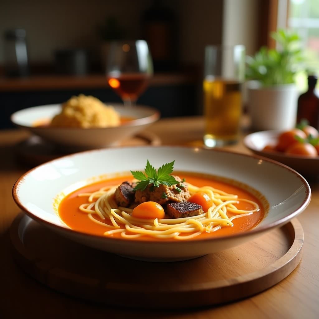 Olla de barro humeante con sopa de menestra valenciana, llena de alcachofas, habas, judías verdes y garrofó en un caldo dorado con azafrán, decorada con perejil fresco.