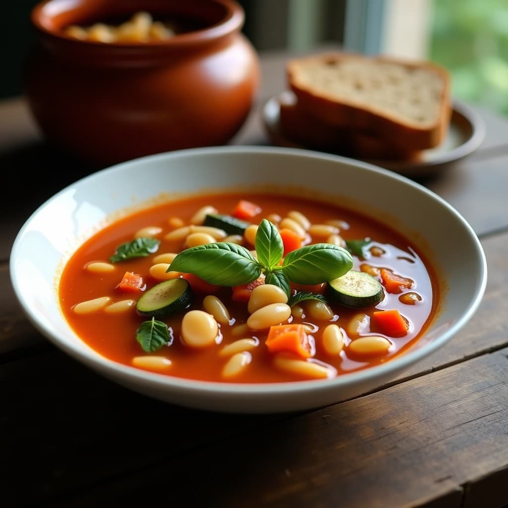 Olla de barro humeante con sopa minestrone vegana italiana, llena de calabacín en cubos, alubias blancas, pasta ditalini y hierbas frescas, servida en un cuenco de cerámica rústica sobre una mesa de madera con pan integral al lado.