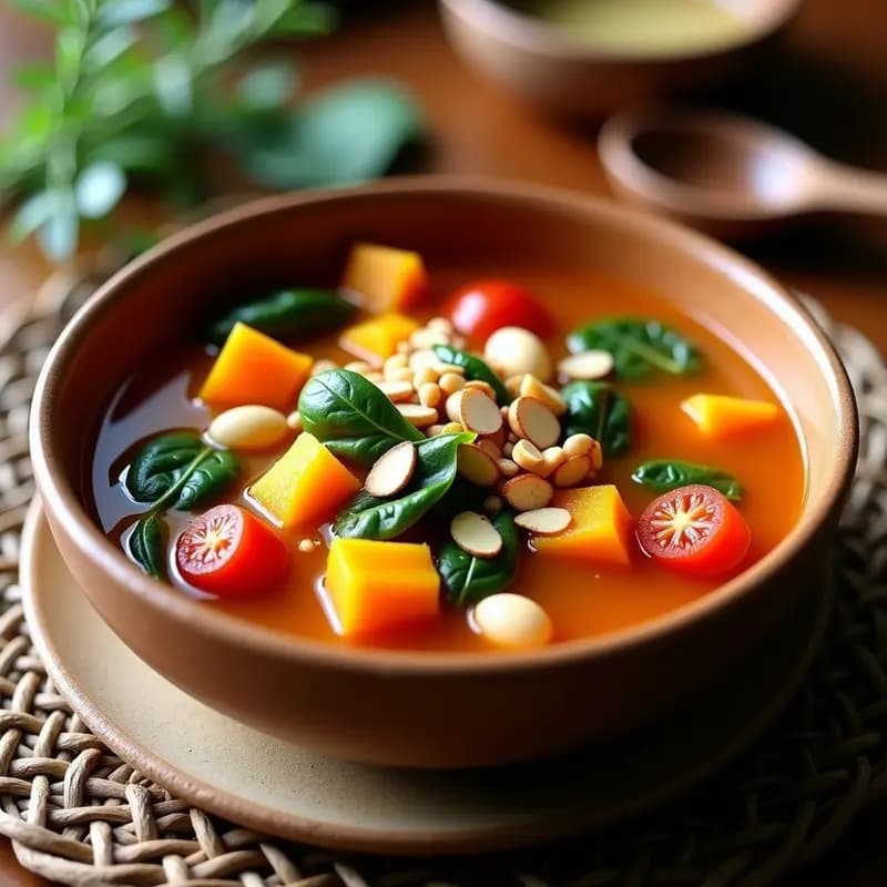 Sopa minestrone de calabaza y frijoles blancos servida en un bol hondo de cerámica blanca, con trozos de calabaza butternut, frijoles blancos, zanahoria, apio y espinacas. Decorada con perejil fresco y un hilo de aceite de oliva virgen extra, sobre una mesa de madera rústica con un fondo de cocina italiana.