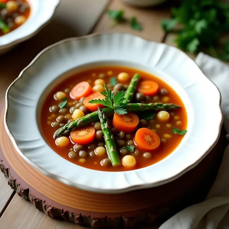 Plato hondo de cerámica blanca con sopa minestrone de lentejas pardina y espárragos trigueros, decorada con hojas de albahaca fresca y un hilo de aceite de oliva virgen extra, sobre fondo rústico de madera con una cuchara de madera.