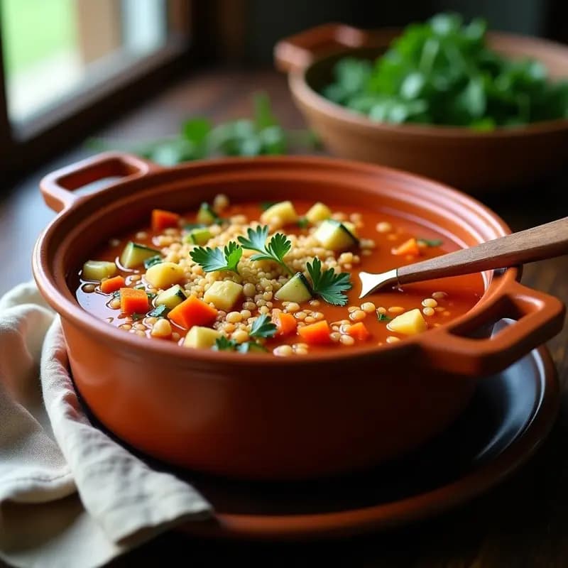 Cazuela de barro humeante con sopa minestrone de quinoa vegana y sin gluten, llena de verduras coloridas, judías blancas y quinoa. Decorada con perejil fresco y levadura nutricional, servida sobre una mesa de madera rústica con una cuchara de madera.