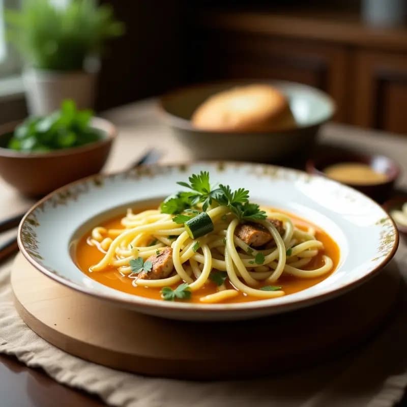 Cuenco hondo de cerámica blanca con sopa Miscancá colombiana: caldo dorado con trozos de pollo, fideos de calabacín verdes, fideos finos y cilantro fresco espolvoreado. Fondo rústico con servilleta de tela.