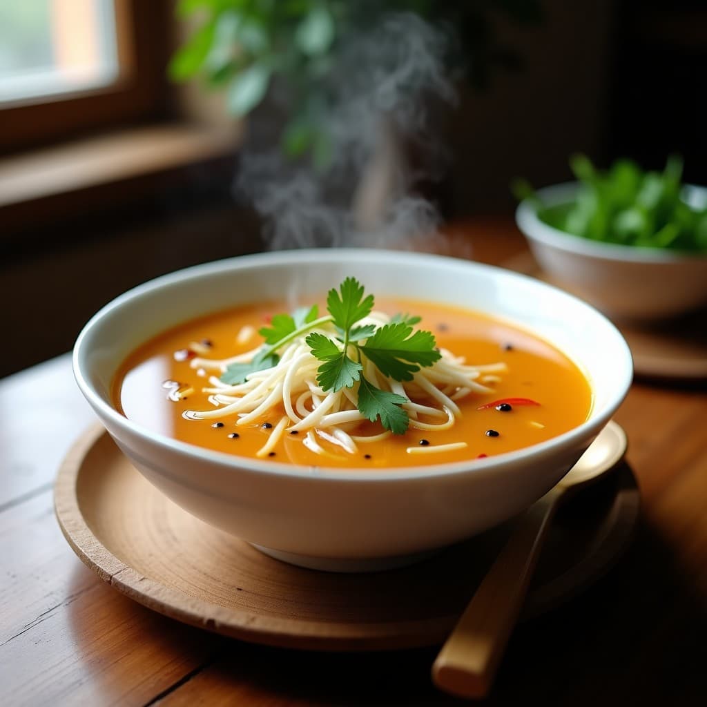 Cuenco hondo de cerámica blanca con sopa de miscancias y caldo de huesos dorado, decorada con jengibre rallado, cilantro fresco y brotes de soja. Fondo de madera rústica con cucharón de bambú.