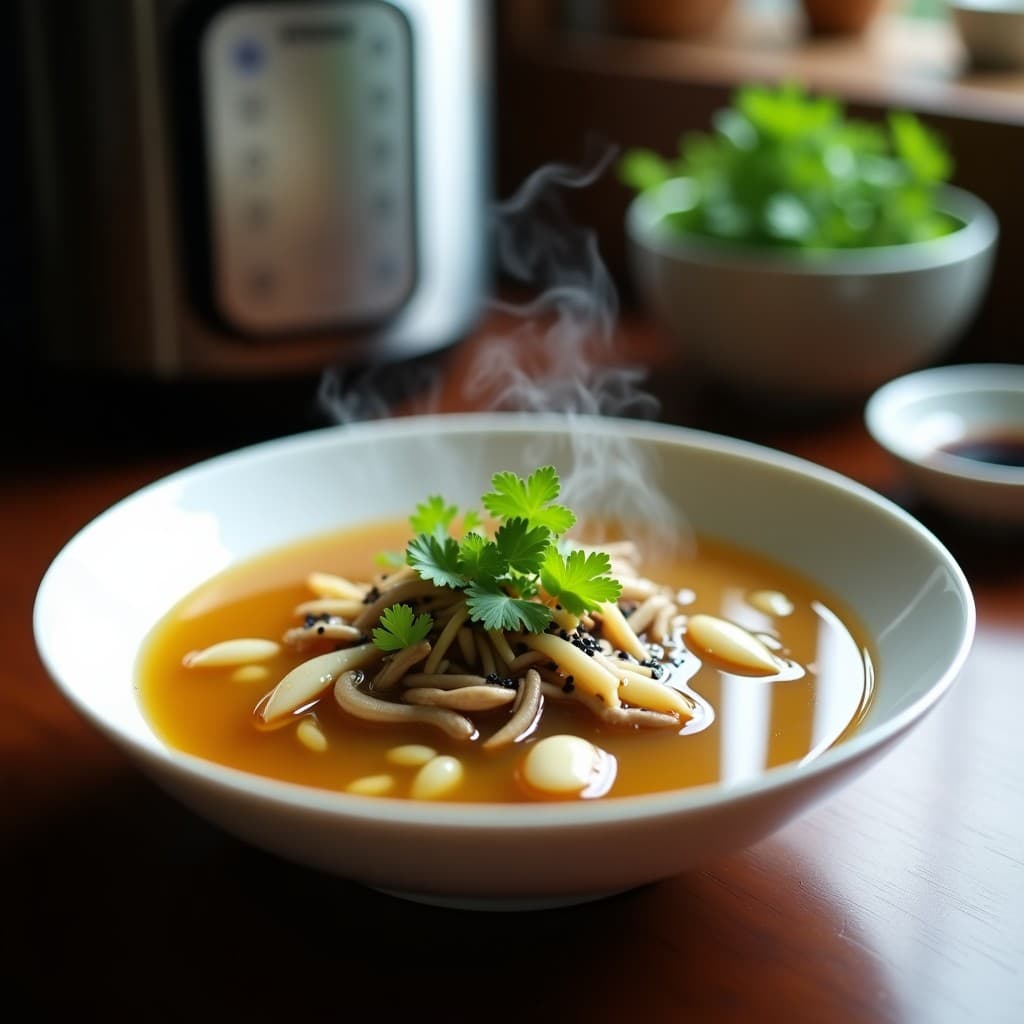 Cuenco de porcelana blanca con sopa humeante de miscanto y champiñones shimeji, caldo dorado espolvoreado con semillas de sésamo negro y hojas de cilantro fresco, sobre fondo de madera oscura con olla exprés al fondo.