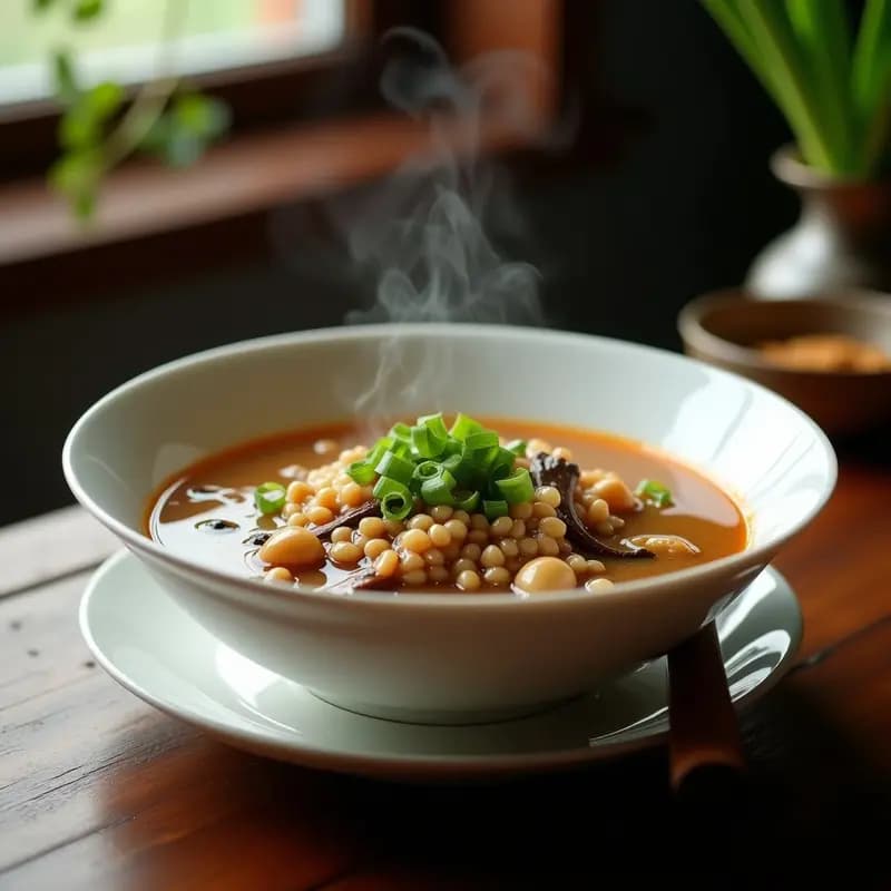 Tazón hondo de cerámica blanca con sopa espesa de miscanto y hongos portobello en láminas, decorada con cebollino fresco. Fondo de madera rústica y cuchara de madera.
