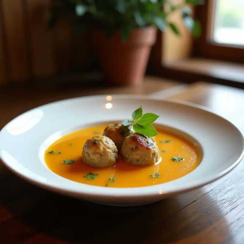 Plato hondo de cerámica blanca con sopa de cebada perlada, jengibre y albóndigas de garbanzo veganas, decorado con cebollino fresco. Receta china en olla lenta, textura cremosa y albóndigas doradas.