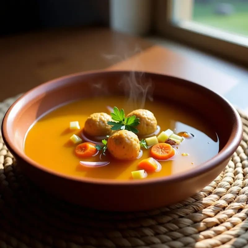 Plato hondo de barro con sopa de miscua y albóndigas de garbanzo sefardí vegana, decorada con perejil fresco y semillas de sésamo, servida con un chorrito de limón.
