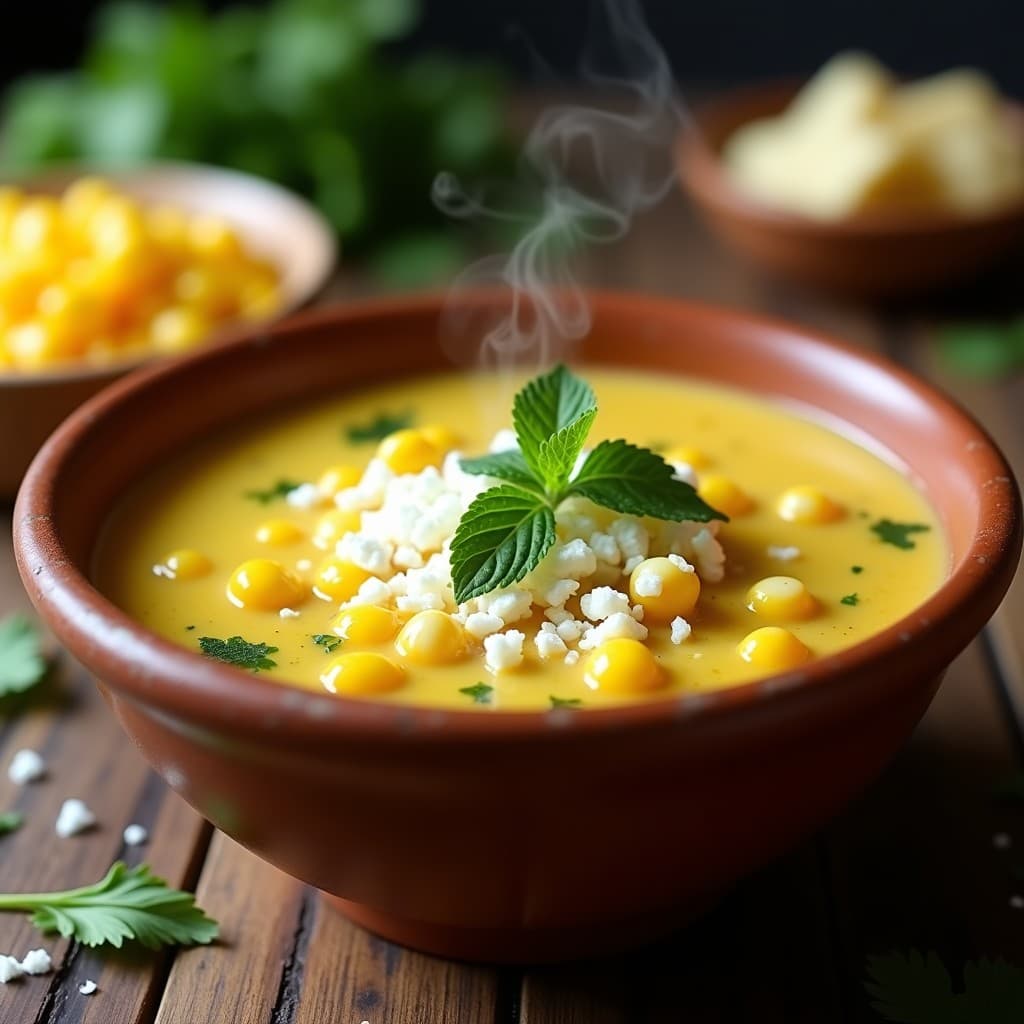 Sopa de miscua ecuatoriana en plato hondo de barro, con granos de maíz tierno, papas amarillas, queso fresco desmenuzado y hojas de hierbabuena fresca. Fondo rústico con textura de madera y hierbas andinas alrededor.