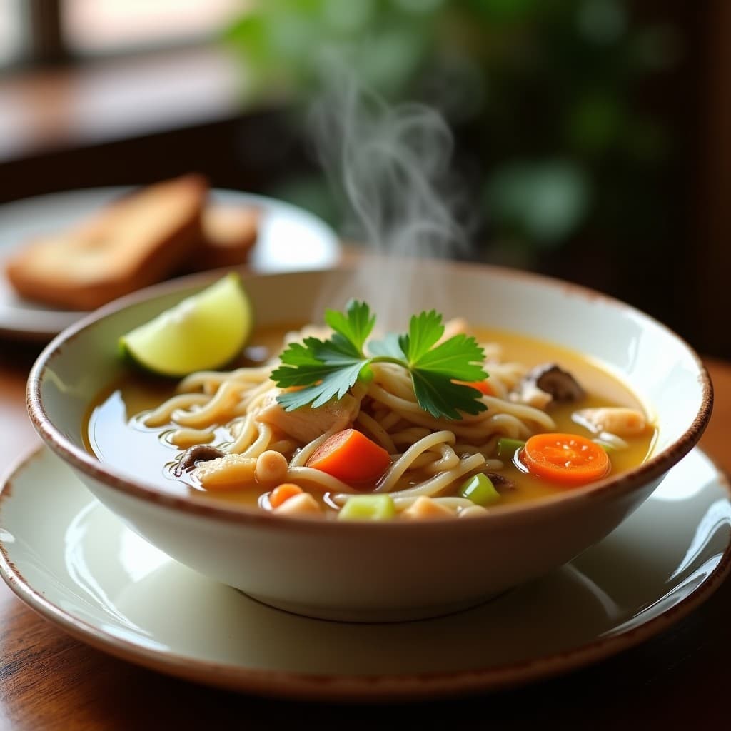 Plato hondo de barro con sopa cremosa de miscua de color dorado, trozos de hongos ostra, cilantro fresco y rodajas de limón. Fondo rústico con textura de madera oscura y luz cálida.