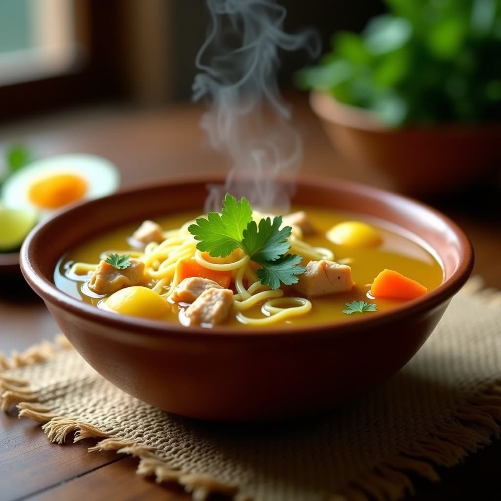 Plato hondo de cerámica blanca con sopa de miscua colombiana, fideos finos, trozos de pollo, zanahoria, papa y cilantro fresco, servida con rodaja de limón y ají en polvo al lado.