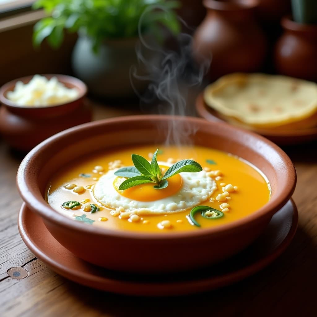 Plato hondo de barro con sopa de miscua cremosa, huevo poché en el centro, queso fresco desmenuzado y cilantro fresco. Receta tradicional de Chiapas.