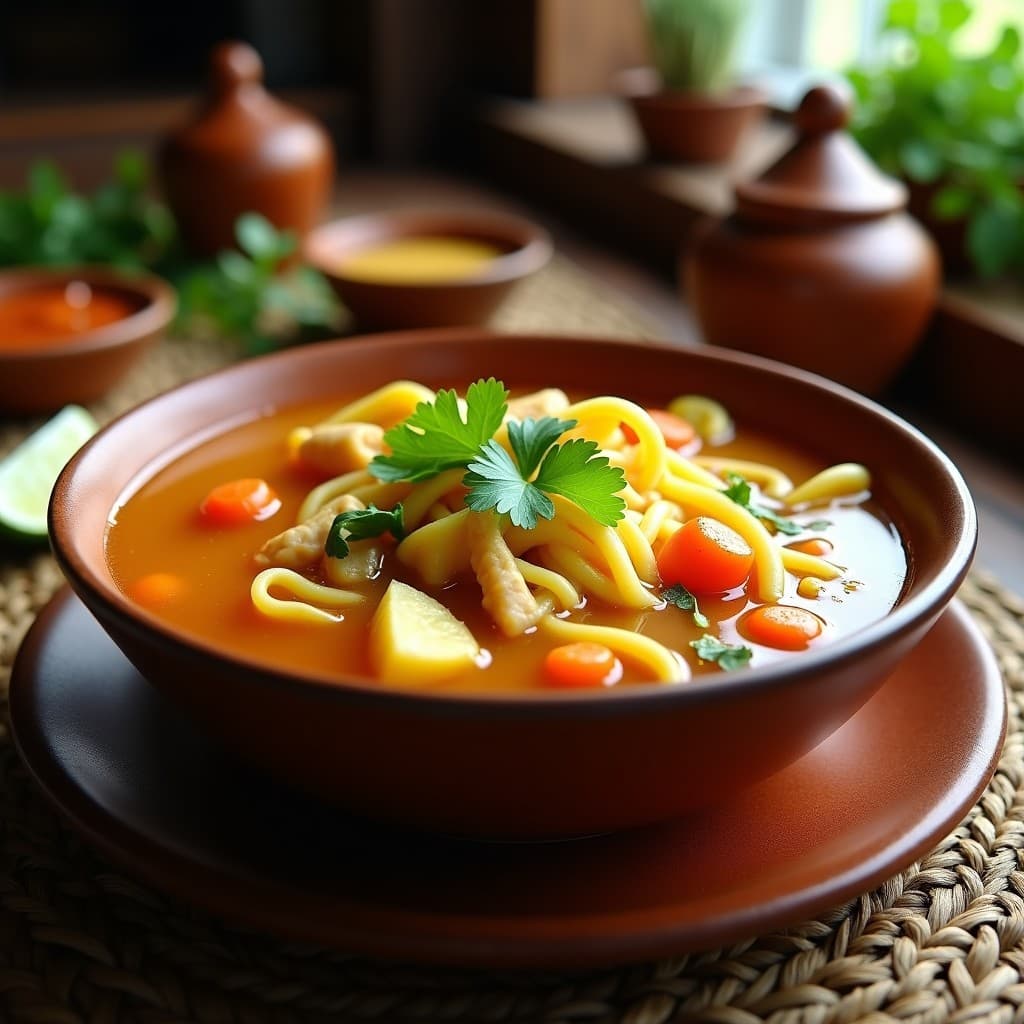 Plato hondo de barro con sopa de miscuo colombiana, mostrando fideos gruesos de maíz y yuca, trozos de pollo, zanahoria, papa criolla y cilantro fresco, servida humeante con fondo rústico de cocina tradicional.