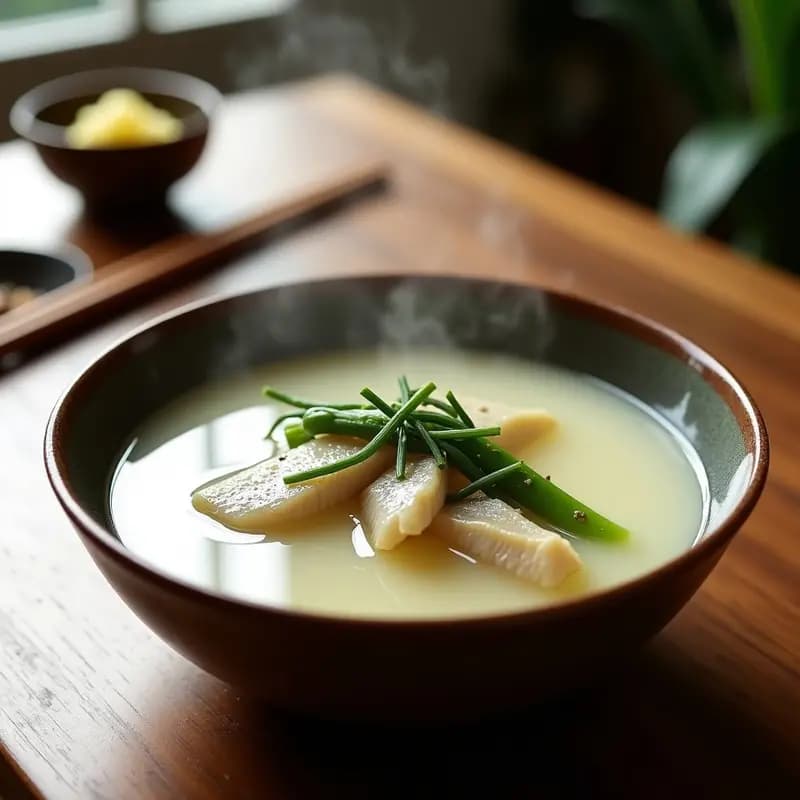 Cuenco hondo de cerámica japonesa con sopa de miso humeante, alevillas tiernas, espárragos trigueros verdes y algas wakame, decorado con cebollino fresco.