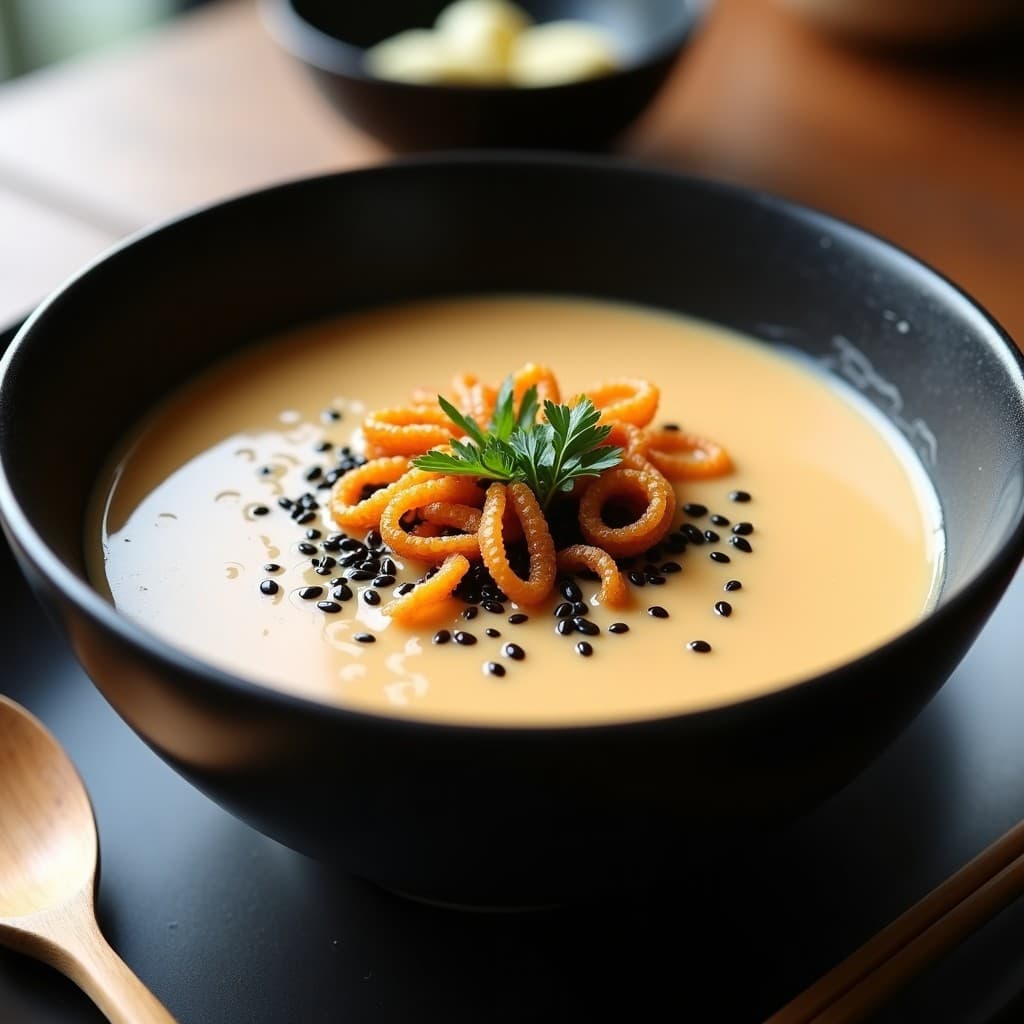 Cuenco hondo de cerámica negra con sopa de misos cremosa de color beige, decorada con hilos dorados crujientes de algodón de azúcar de calabaza, semillas de sésamo negro y algas wakame. Fondo de madera oscura con cuchara de bambú.