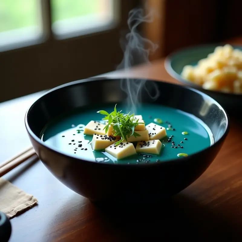 Cuenco de cerámica negra con sopa de miso azul vibrante, espirulina, trozos de tofu sedoso, wakame y decoración de cebollino y sésamo negro. Receta japonesa alta en proteínas.