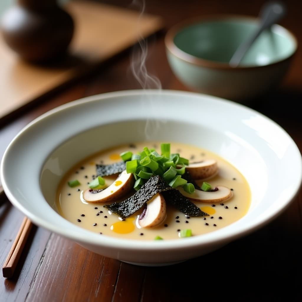 Cuenco hondo de cerámica blanca con sopa de miso blanco y champiñones portobello en trozos, decorada con algas nori, cebollino picado y semillas de sésamo negro. Fondos de cocina japonesa con luz cálida y vapor ascendente.