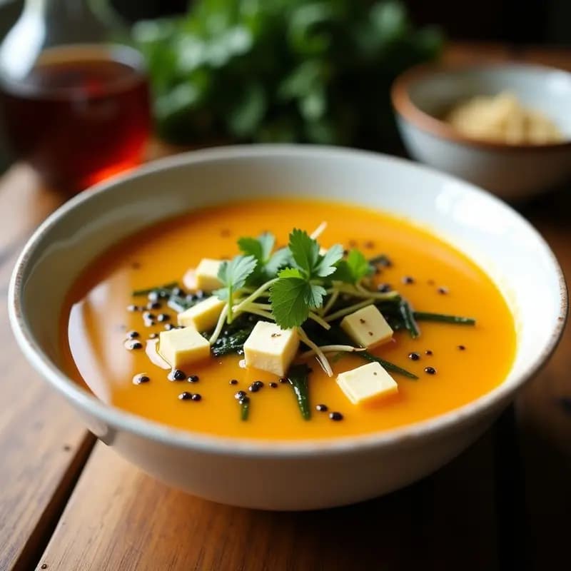 Tazón de cerámica blanca con sopa de misos y camu camu, caldo dorado con trozos de tofu sedoso, algas wakame y brotes de alfalfa, decorado con cilantro fresco y semillas de sésamo, sobre fondo de madera rústica.