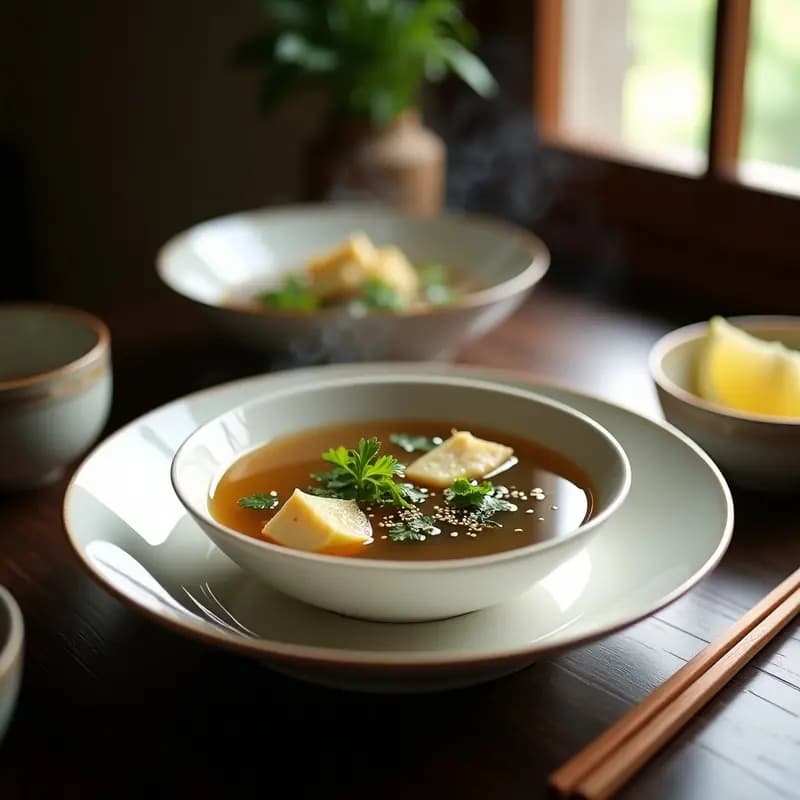 Cuenco de cerámica blanca con sopa de miso vegana humeante, trozos de tofu sedoso, algas wakame, culantro fresco y semillas de sésamo, servida con rodaja de limón al lado.