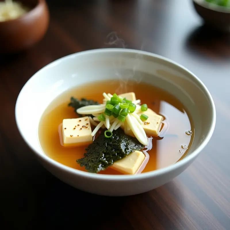 Bol de cerámica blanca con sopa de miso humeante, trozos de tofu sedoso, tiras de tempeh y algas wakame, decorada con cebollino y un hilo de aceite de sésamo, fondo de madera oscura.
