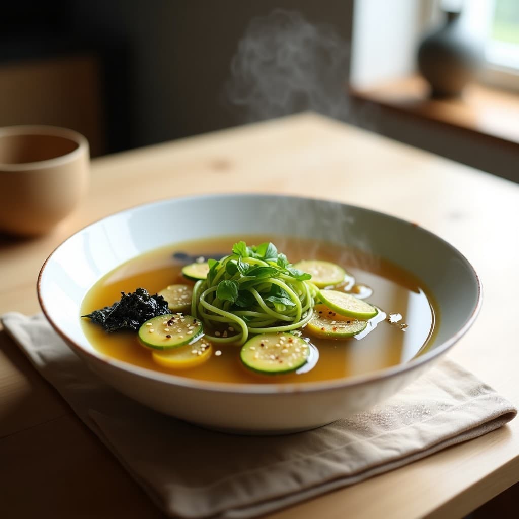 Cuenco hondo de cerámica blanca con sopa miso humeante, fideos de calabacín espiralizados verdes, brotes de bambú dorados, algas wakame y semillas de sésamo negro y blanco. Decorado con cebolla verde picada y un chorrito de aceite de sésamo. Fondo de madera clara con mantel individual de lino beige.