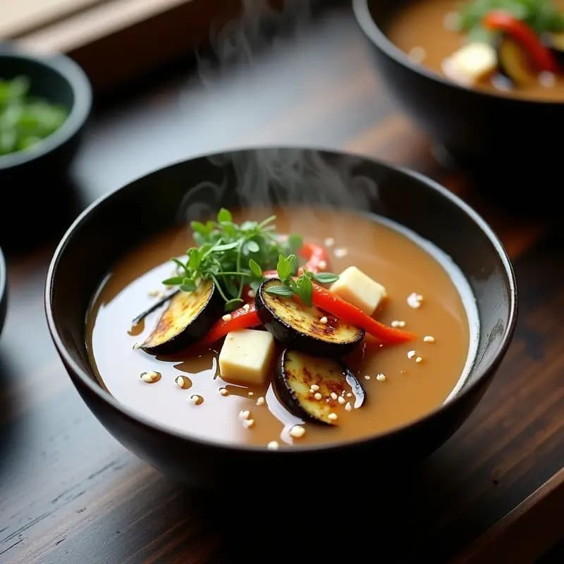 Cuenco negro de cerámica con sopa de miso espumosa, verduras ahumadas (berenjena, calabacín y pimiento) y tofu, decorada con semillas de sésamo y cebollino, sobre fondo de madera oscura.