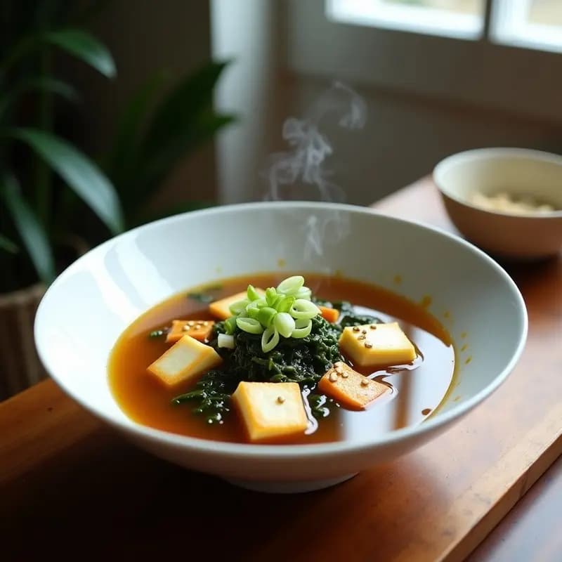 Cuenco de cerámica blanca con sopa de miso humeante, trozos de queso hellim dorado, algas wakame verdes, tofu sedoso y semillas de sésamo, sobre mesa de madera rústica.
