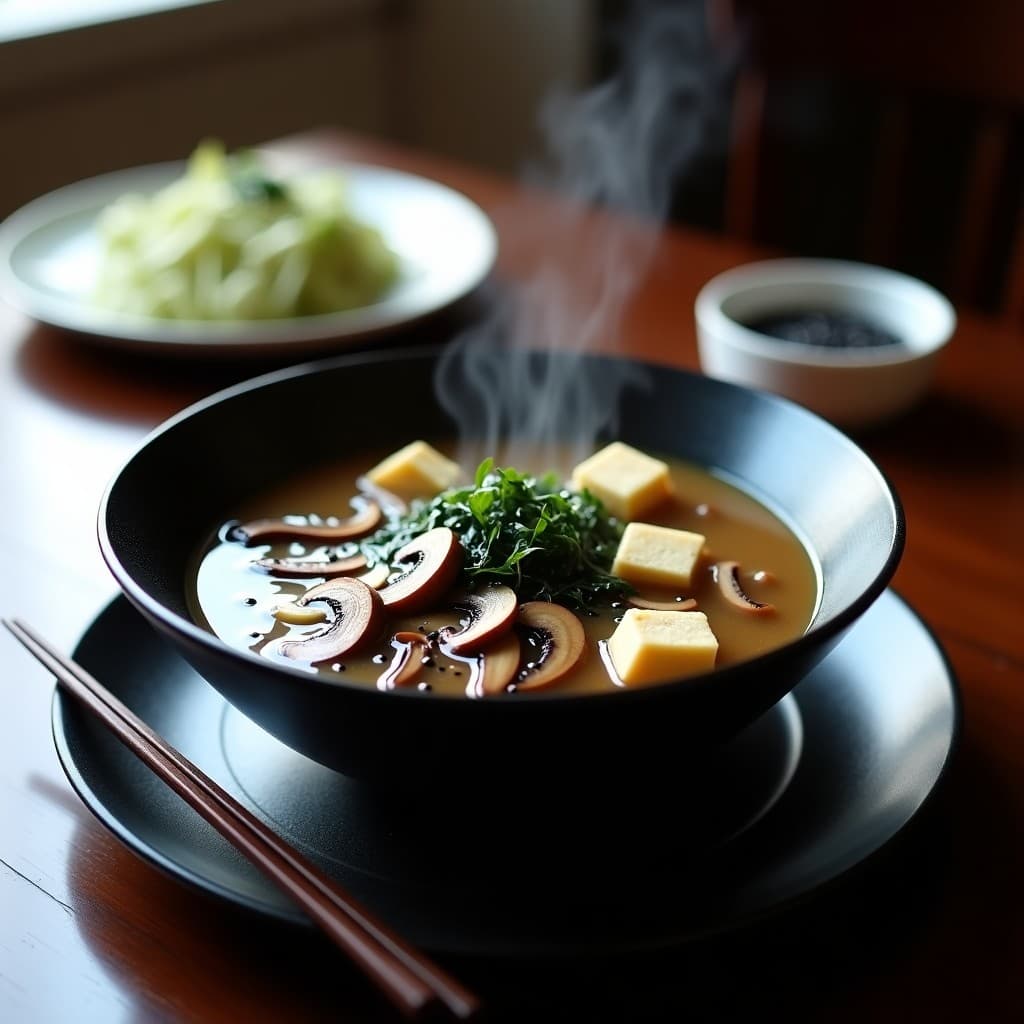 Cuenco de cerámica negra con sopa de misos humeante, hongos Reiter dorados, algas wakame verdes, tofu sedoso y semillas de sésamo negro. Plato japonés saludable y reconfortante.