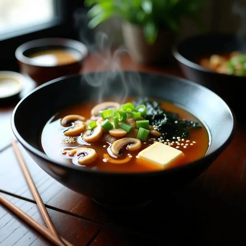 Cuenco de cerámica negra con sopa de miso humeante, hongos shiitake dorados, tofu sedoso y algas wakame, decorado con cebollino y semillas de sésamo, receta vegana japonesa rápida.