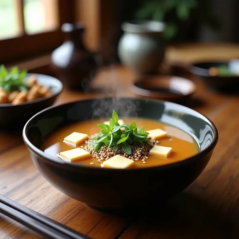 Cuenco de cerámica japonesa con sopa de miso humeante, trozos de tofu sedoso, algas wakame hidratadas y semillas de sésamo tostadas, sobre fondo de madera oscura.