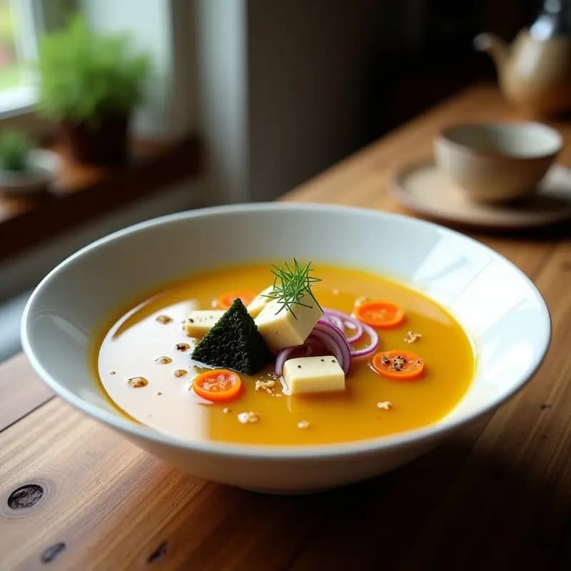 Cuenco de cerámica blanca con sopa de miso dorada, trozos de tofu sedoso, algas wakame, zanahoria y cebolla morada, decorada con cebollino fresco y un hilo de aceite de sésamo, sobre fondo de madera rústica.