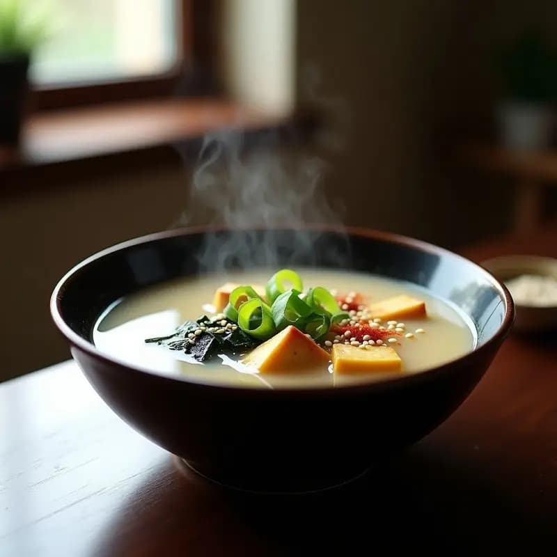 Cuenco de cerámica japonesa con sopa de miso y jengibre, tofu ahumado en cubos, algas wakame, cebolla verde y semillas de sésamo, sobre fondo de madera oscura.