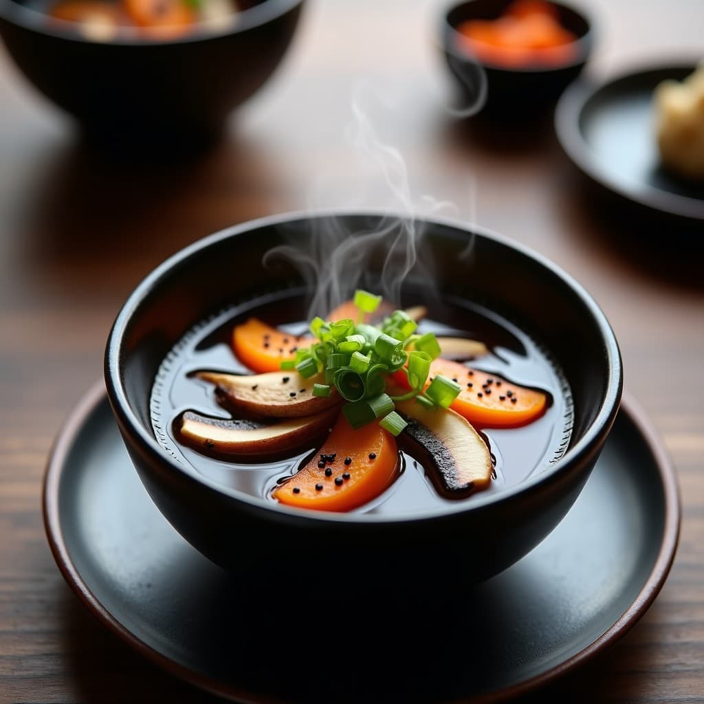 Cuenco hondo de cerámica negra con sopa de miso negro espumosa, setas shiitake y shimeji en láminas, trozos de kaki fuyu y algas wakame, decorado con semillas de sésamo negro y cebollino. Fondos de cocina japonesa minimalista con luz cálida.