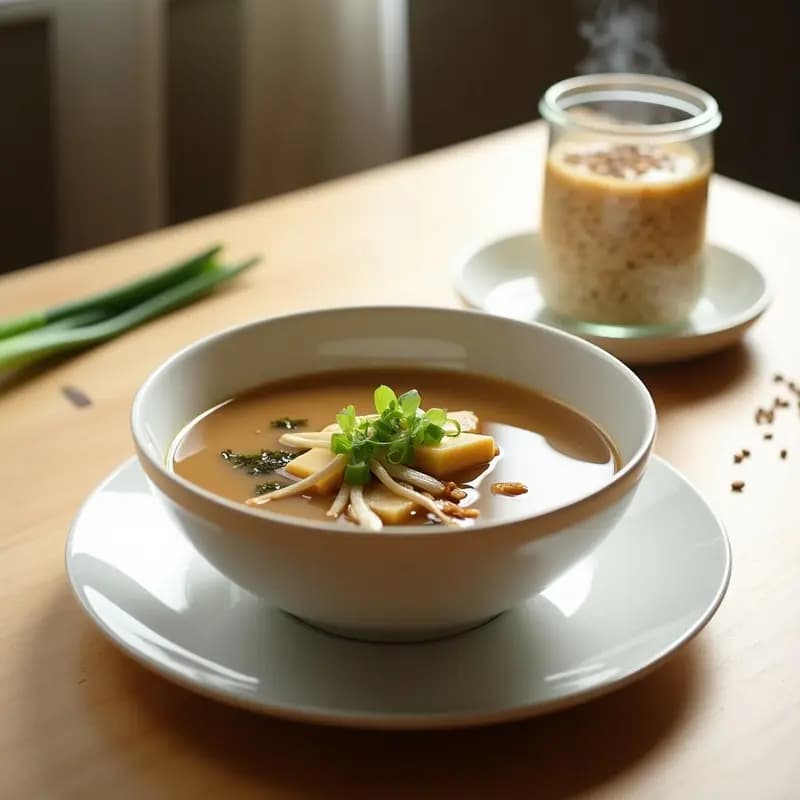 Bol de cerámica blanca con sopa de miso humeante, tofu sedoso, champiñones shiitake y cebolla verde, acompañada de overnight oats cremosos con semillas de sésamo, receta japonesa rápida para desayunar.